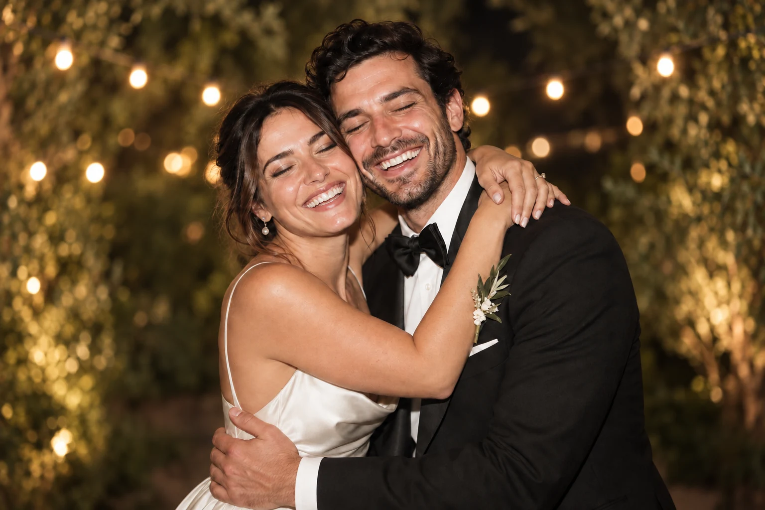 Gece ışıkları önünde sarılan gelin ve damadın konsept fotoğrafı
